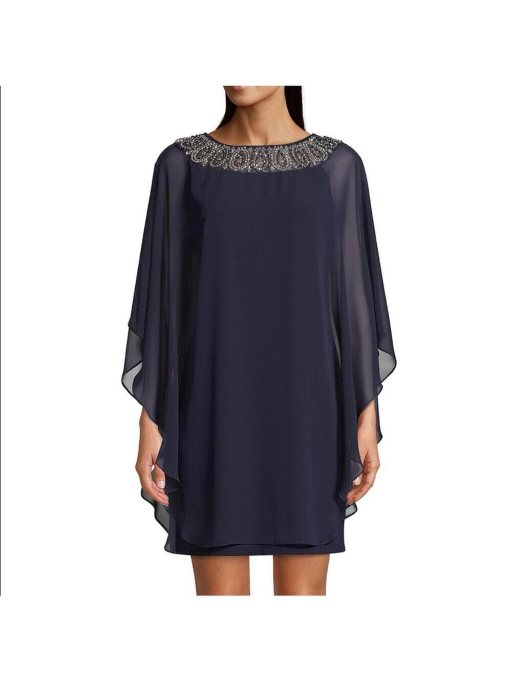 Xscape Mini Cape Dress Navy Blue 10 USA Beaded Chiffon Silver Wedding Guest